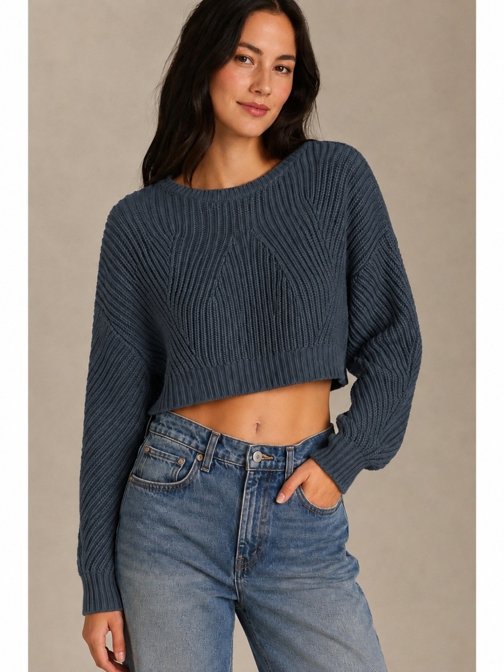 Anthropologie Cropped Crewneck Sweater in Slate Blue